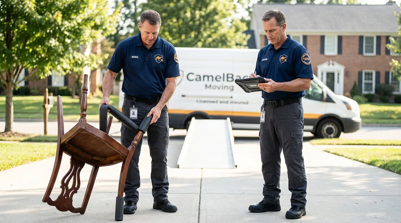 Movers inspecting furniture for damage prevention before loading in Rock Port, MO