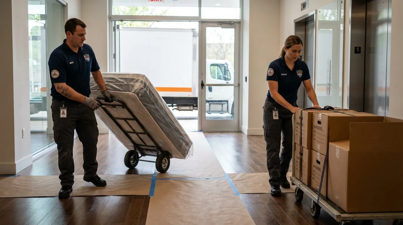 Professional apartment movers loading elevator in Rock Port, MO